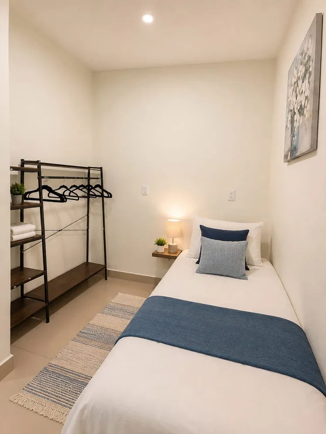 Dormitorio de LUMA con cama, perchero y una lámpara junto a la cama
